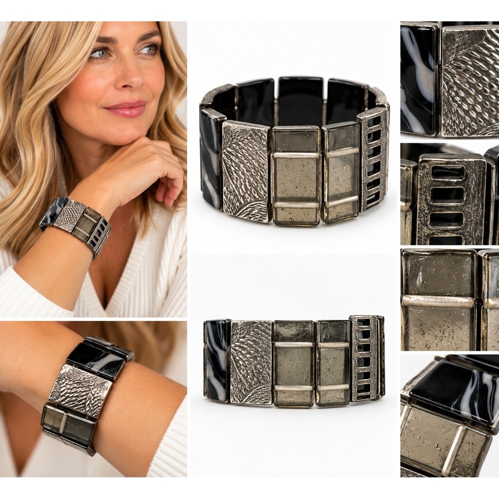 Anne Marie Chagnon Bracelet Black Silver Resin Glass Stretch Modernist Art Deco